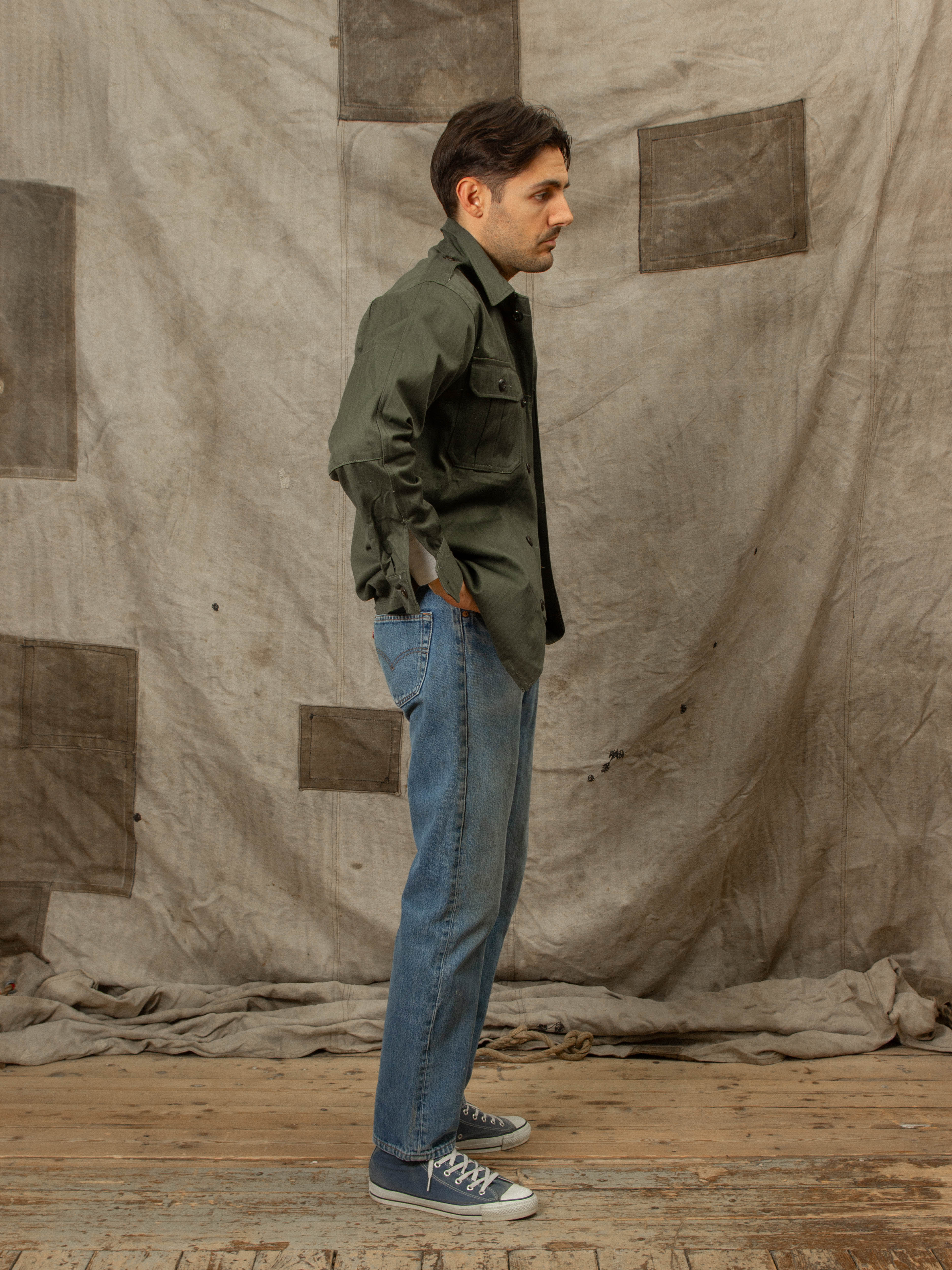 Vtg 1960s Military Olive Drab HBT Overshirt - Image 3