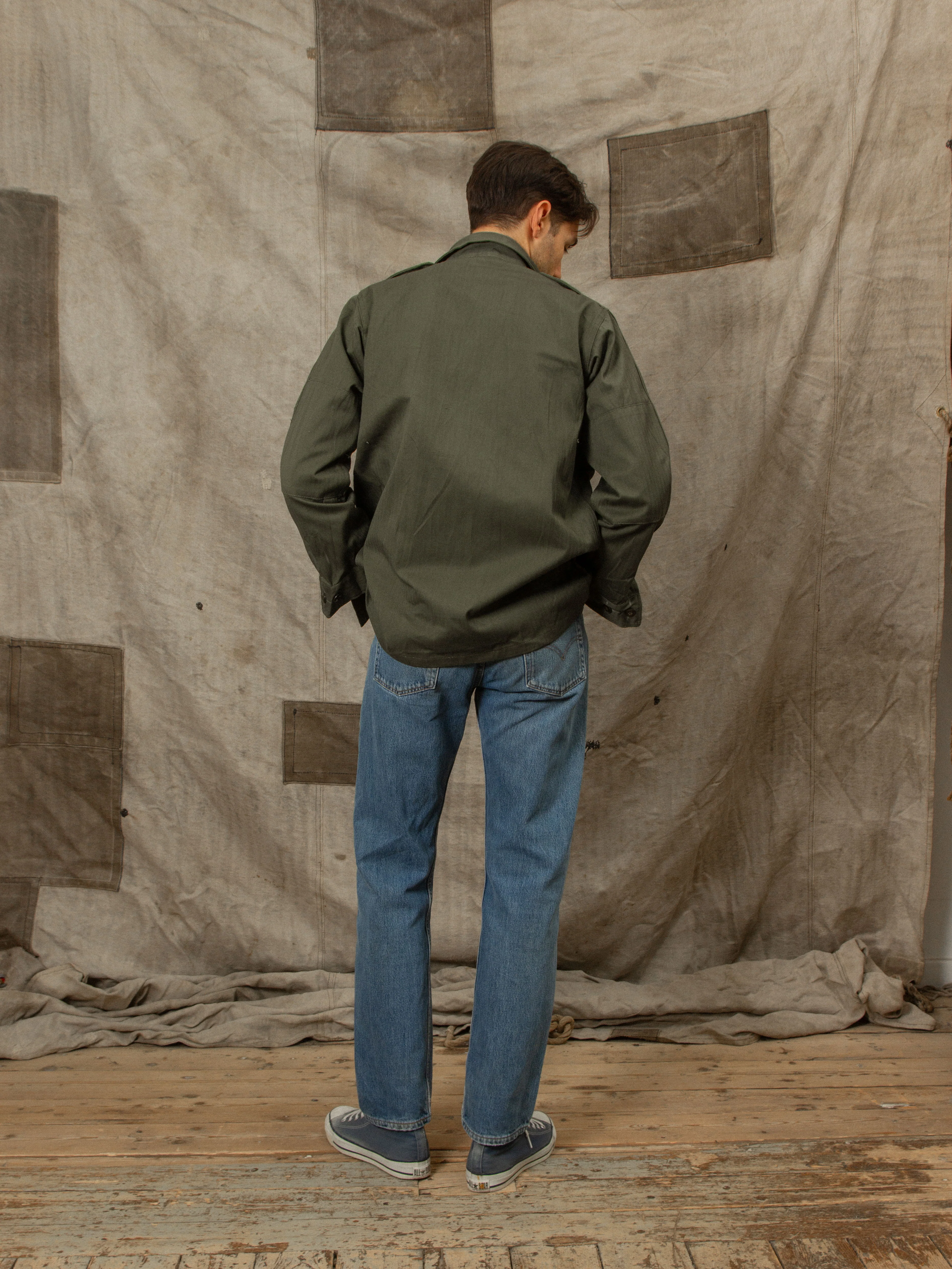 Vtg 1960s Military Olive Drab HBT Overshirt - Image 4