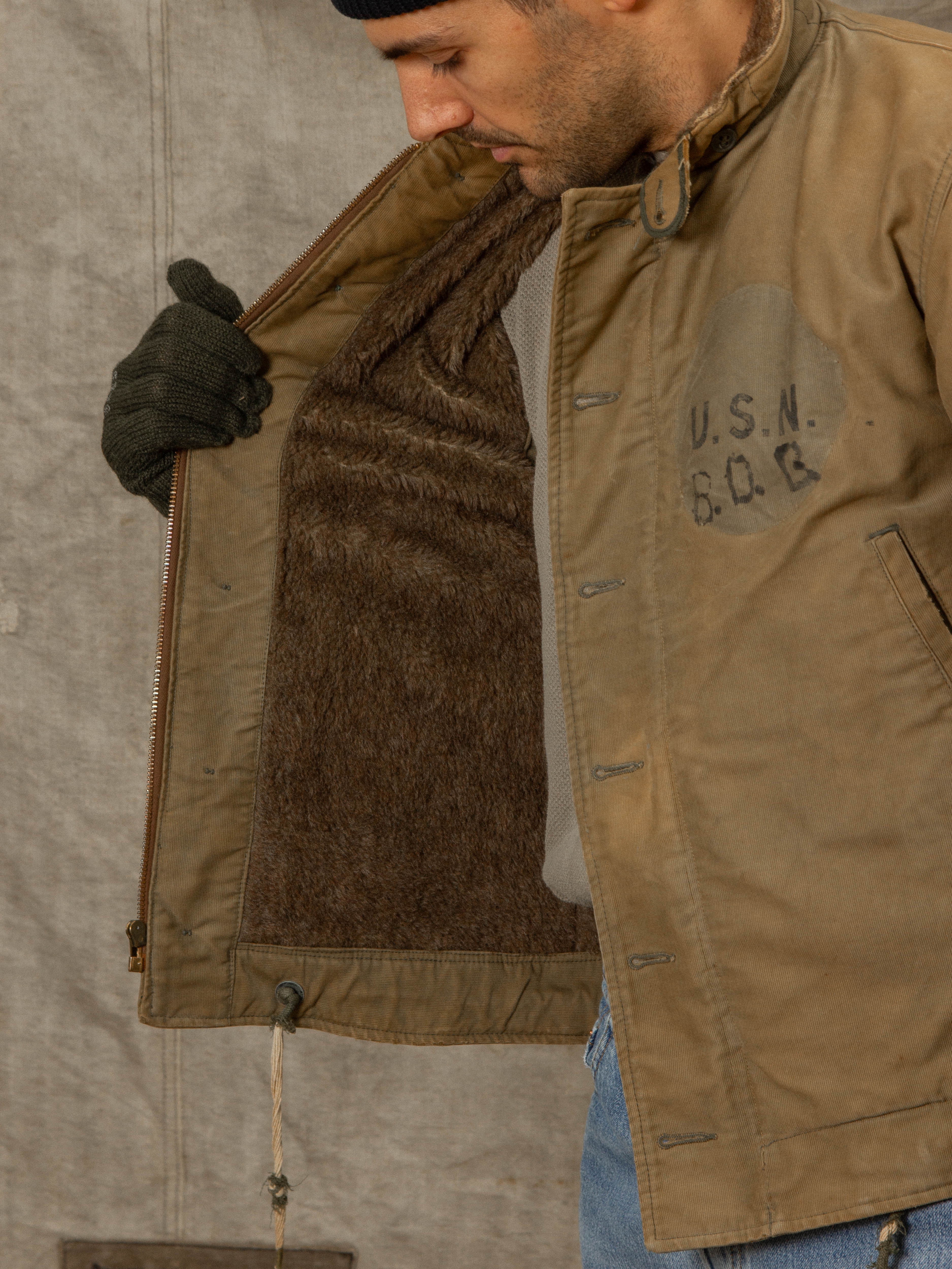 Vtg Rare WWII USN N-1 Alpaca Deck Jacket (S/M) - Image 4